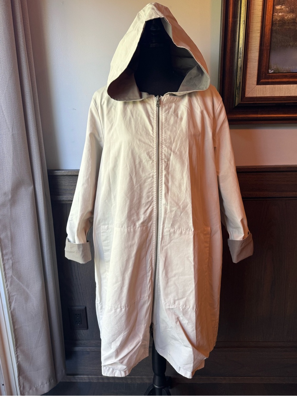 Eileen Fisher cream & gray reversible Hooded Trench Coat - Picture 2 of 10